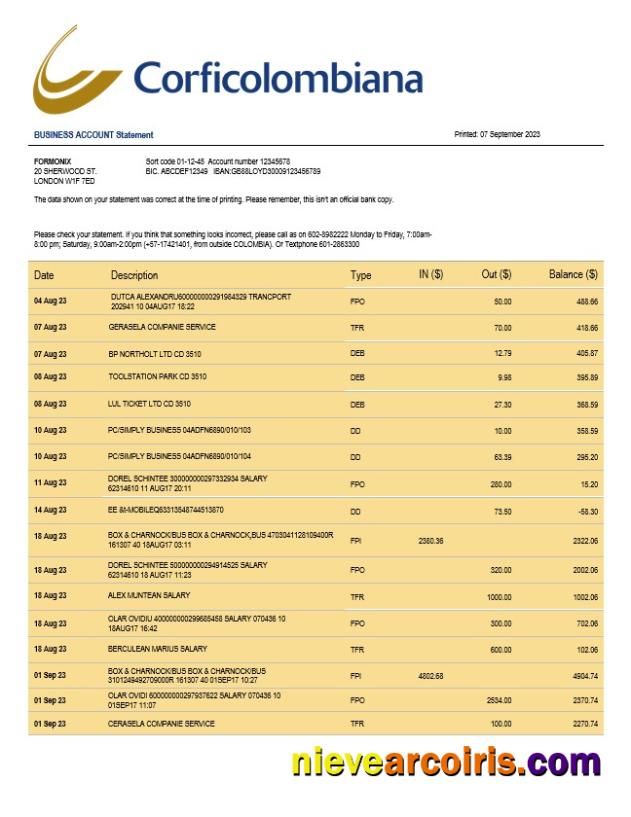 Corficolombiana Bank business checking account statement